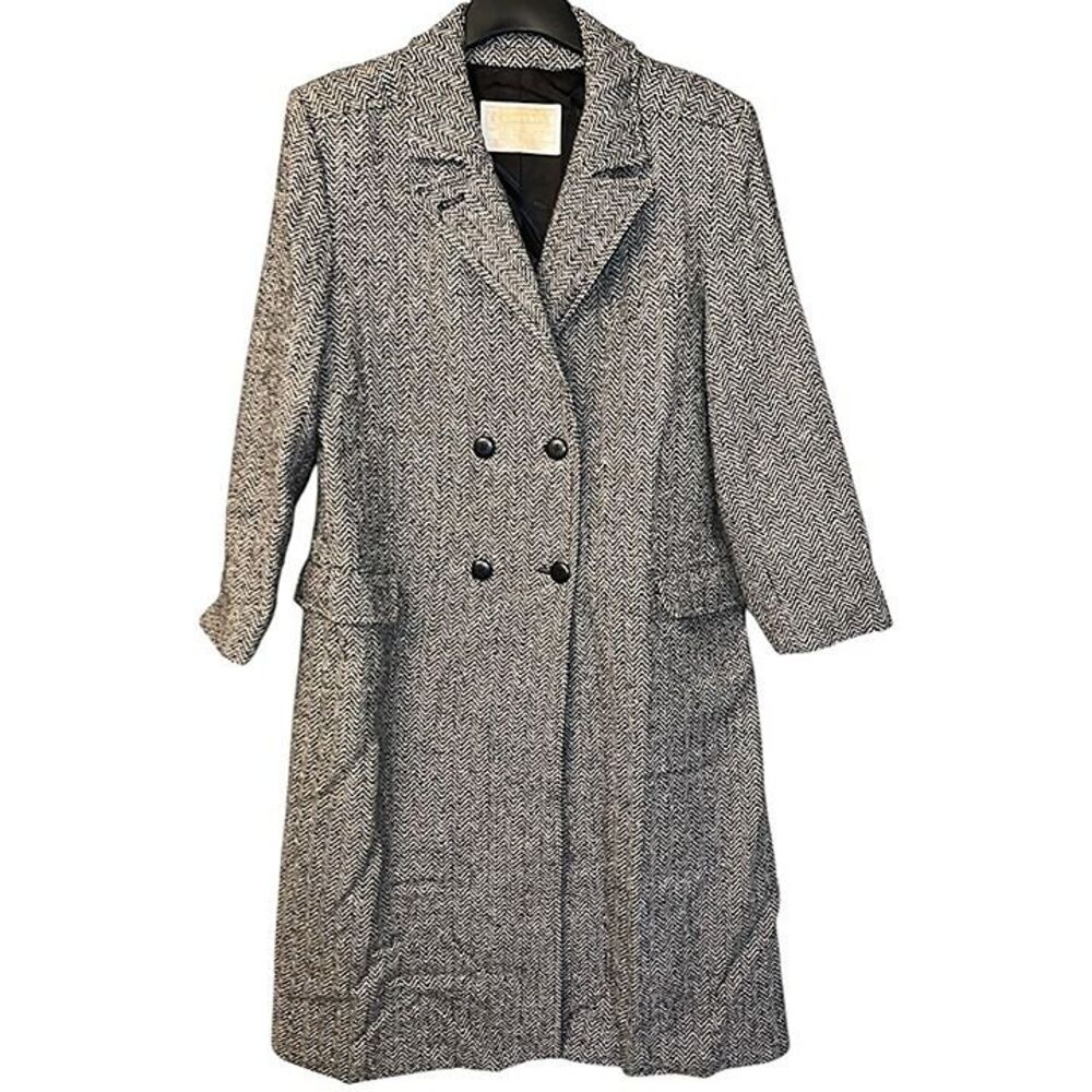 Vintage 1970s Pendleton Black & White Houndstooth 100% Wool Trench Coat Sz 16